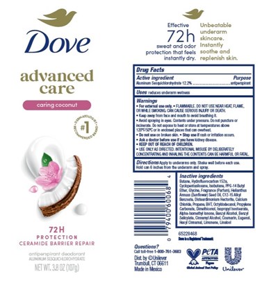 Label (Dove Advanced Care Caring Coconut 72h Protection Antiperspirant Deodorant   Label)